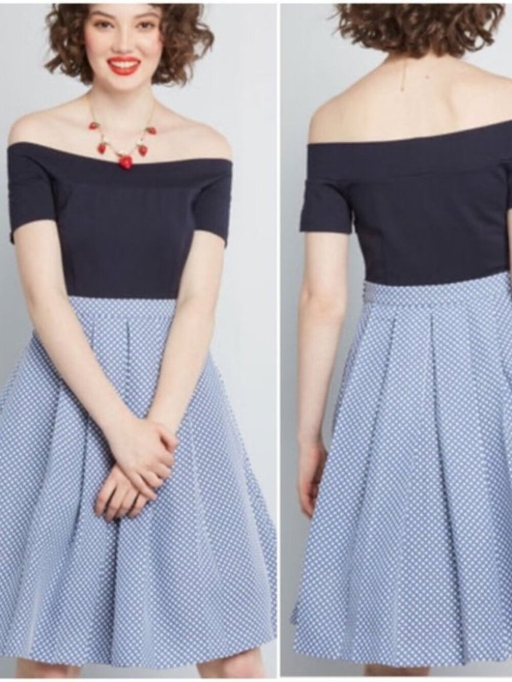 Modcloth NWT | Navy Boatneck Off Shoulder A Line Pleated Jacquard Dress Large